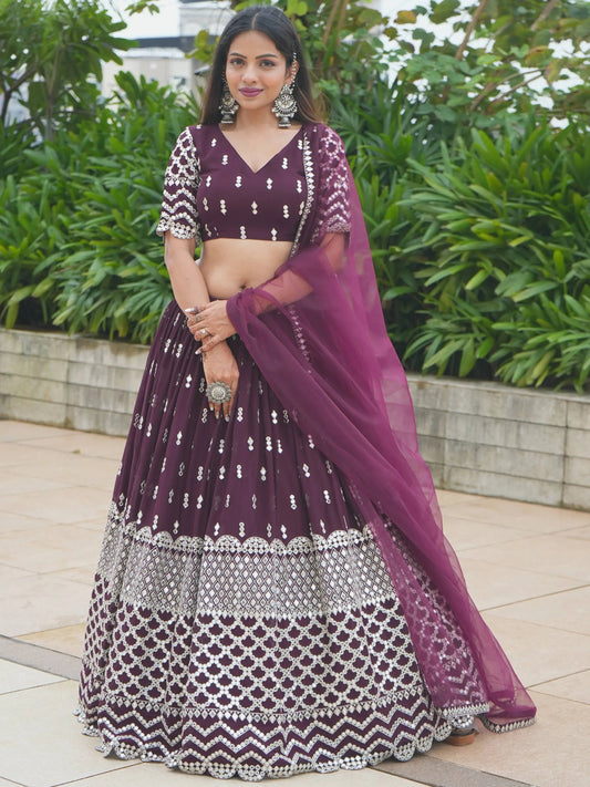 Attractive Wine Sequin Georgette Engagement Wear Lehenga Choli - Zeel Clothing