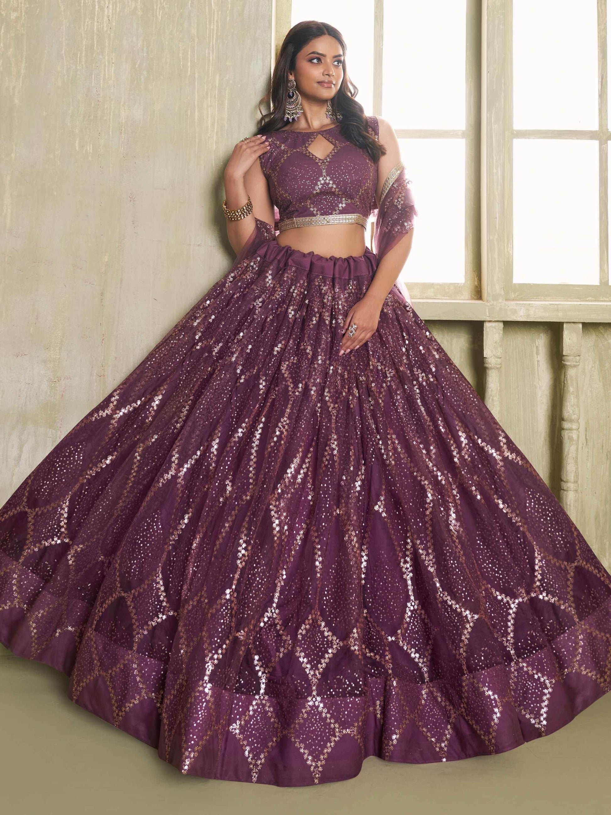 Attractive Wine Sequins Net Party Wear Lehenga Choli With Dupatta - Zeel Clothing