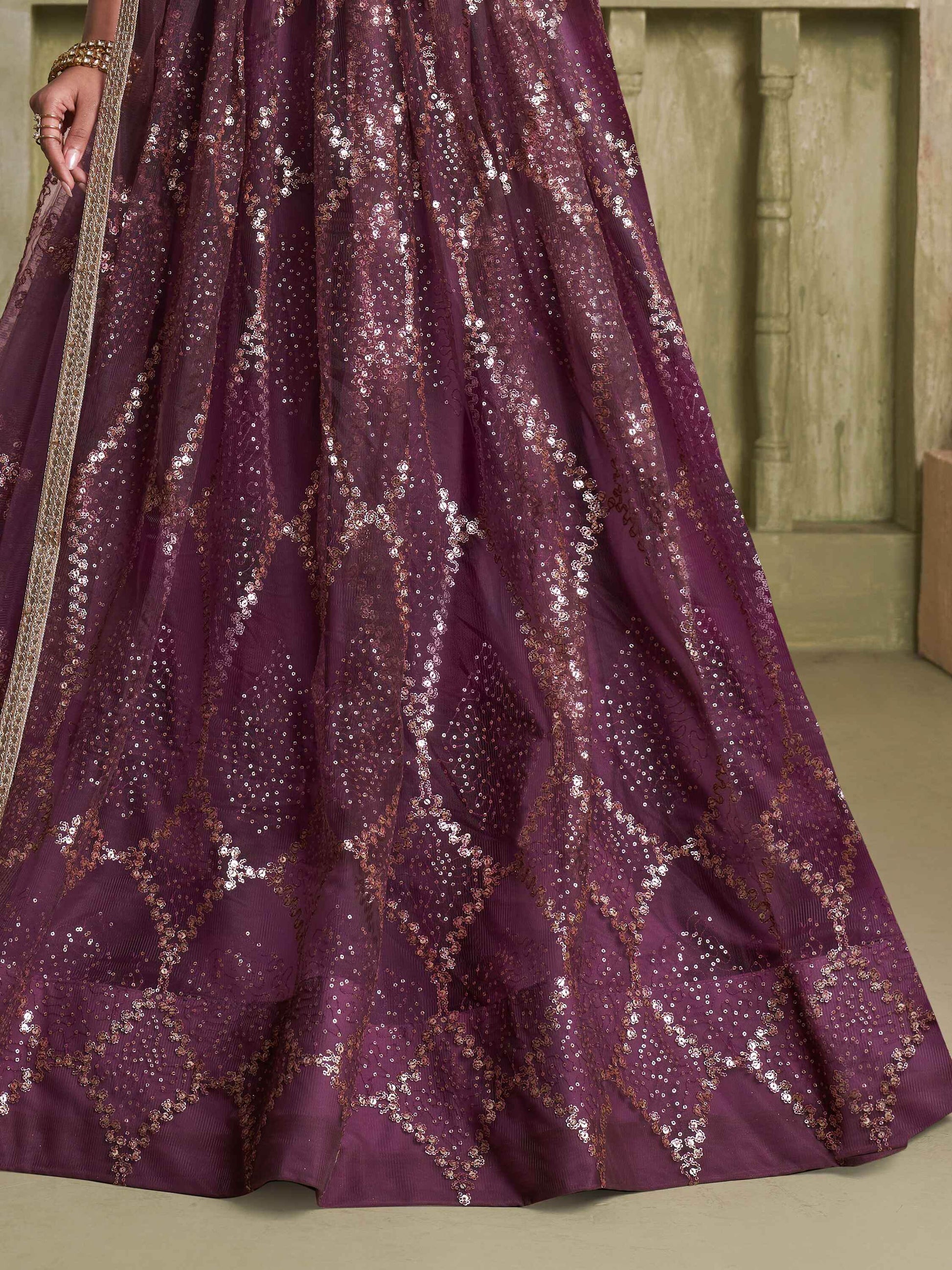 Attractive Wine Sequins Net Party Wear Lehenga Choli With Dupatta - Zeel Clothing