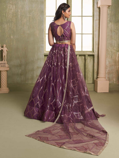 Attractive Wine Sequins Net Party Wear Lehenga Choli With Dupatta - Zeel Clothing