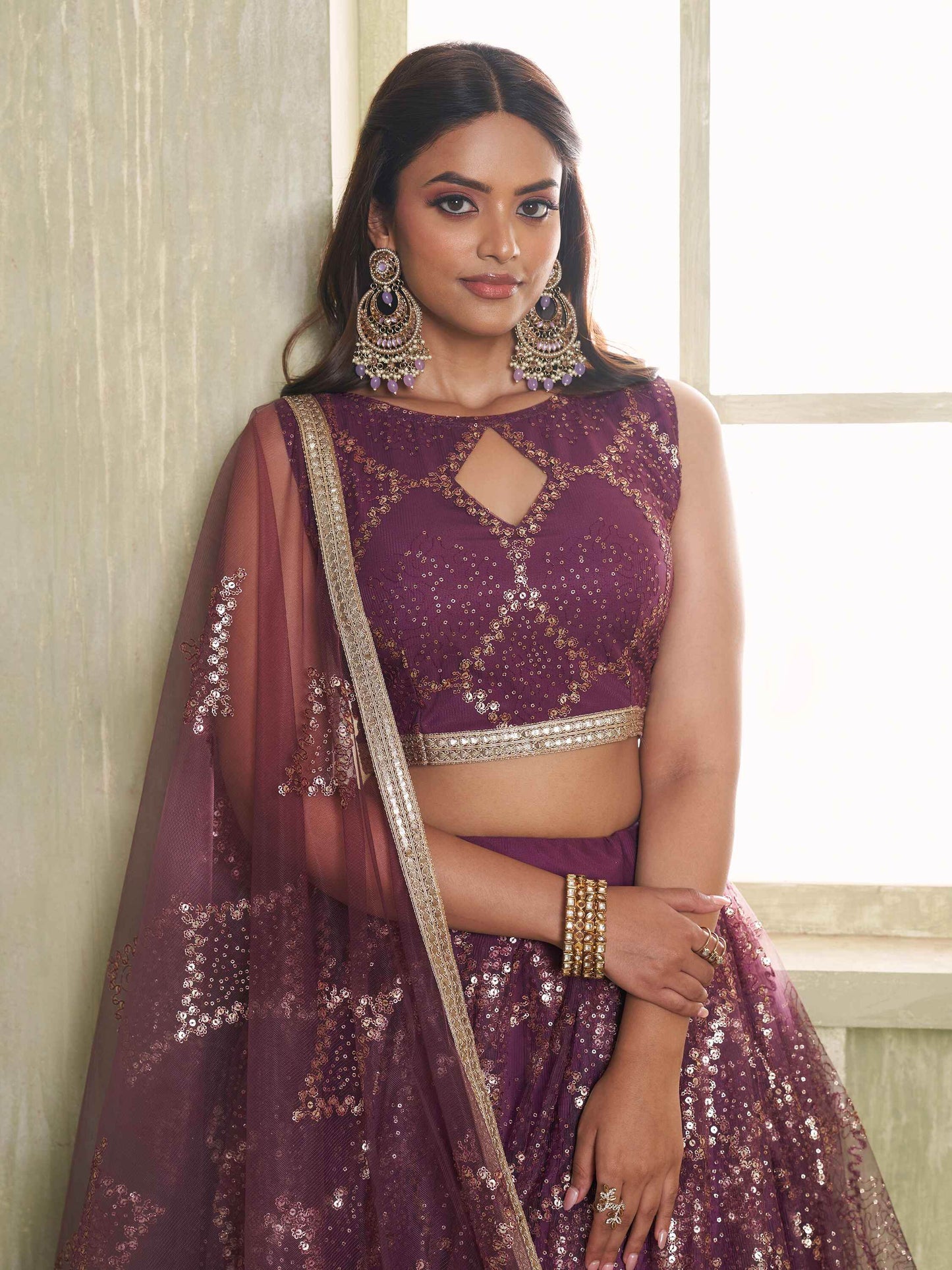 Attractive Wine Sequins Net Party Wear Lehenga Choli With Dupatta - Zeel Clothing