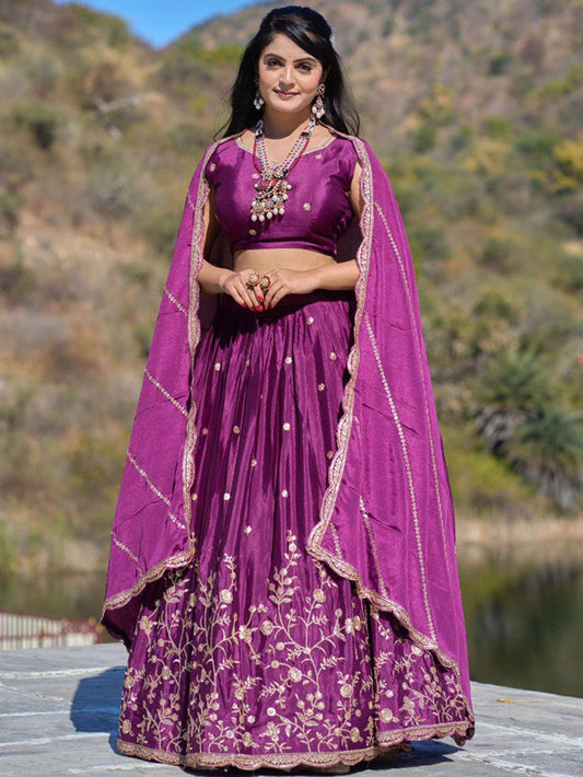 Attractive Wine Thread Work Chinon Wedding Wear Lehenga Choli - Zeel Clothing