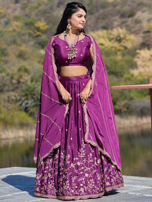 Attractive Wine Thread Work Chinon Wedding Wear Lehenga Choli - Zeel Clothing