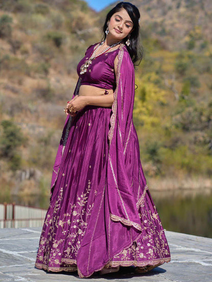 Attractive Wine Thread Work Chinon Wedding Wear Lehenga Choli - Zeel Clothing
