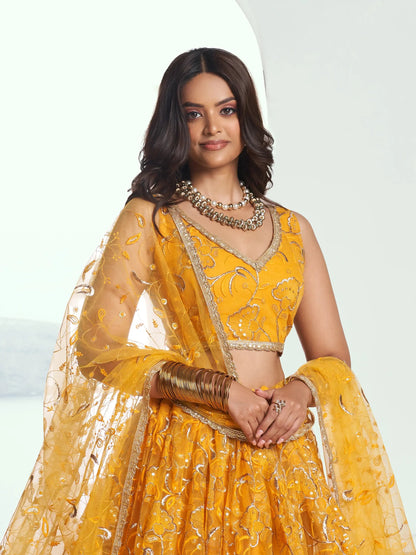 Attractive Yellow Embroidered Net Wedding Lehenga Choli With Dupatta - Zeel Clothing