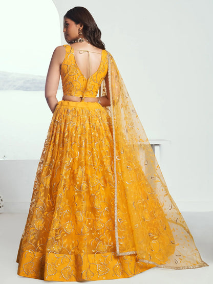 Attractive Yellow Embroidered Net Wedding Lehenga Choli With Dupatta - Zeel Clothing