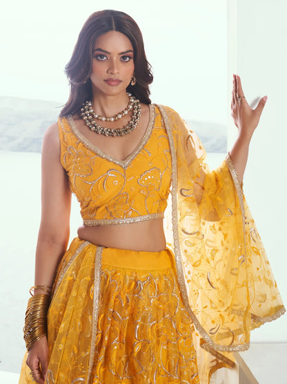 Attractive Yellow Embroidered Net Wedding Lehenga Choli With Dupatta - Zeel Clothing