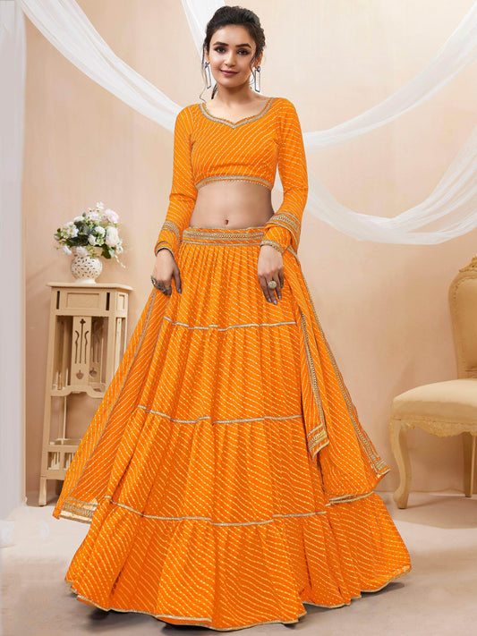 Attractive Yellow Leheriya Printed Georgette Haldi Wear Lehenga Choli - Zeel Clothing