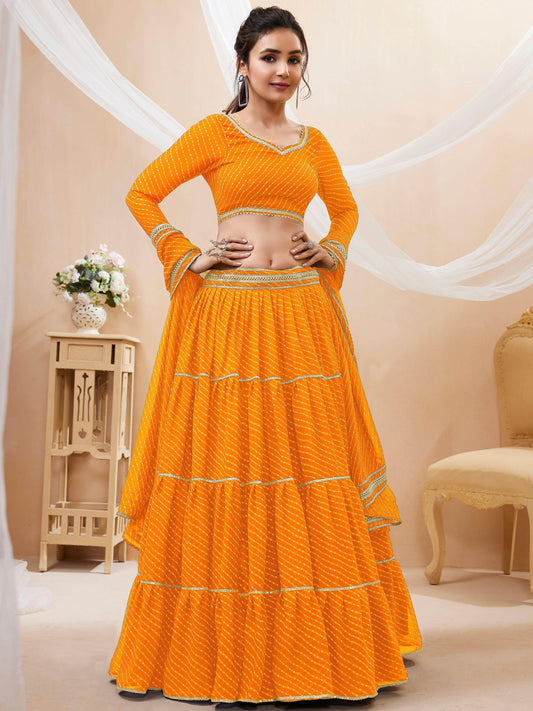 Attractive Yellow Leheriya Printed Georgette Haldi Wear Lehenga Choli - Zeel Clothing