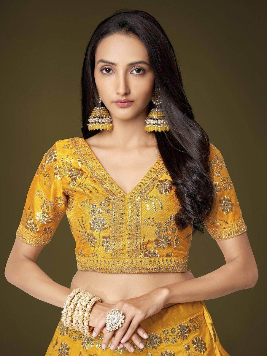 Attractive Yellow Sequins Slub Silk Wedding Wear Lehenga Choli - Zeel Clothing