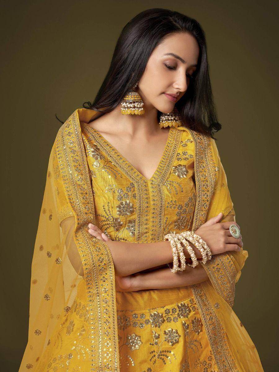 Attractive Yellow Sequins Slub Silk Wedding Wear Lehenga Choli - Zeel Clothing