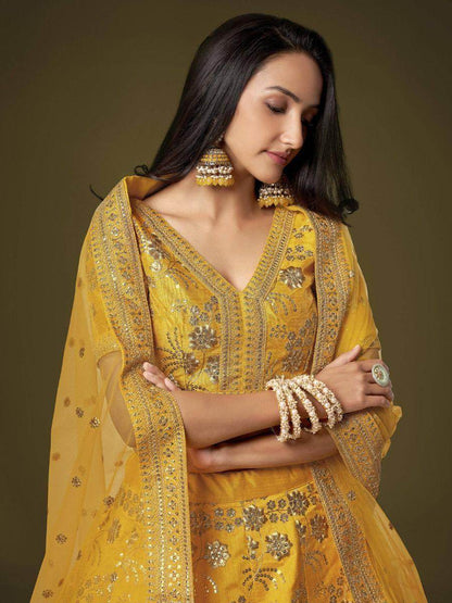 Attractive Yellow Sequins Slub Silk Wedding Wear Lehenga Choli - Zeel Clothing
