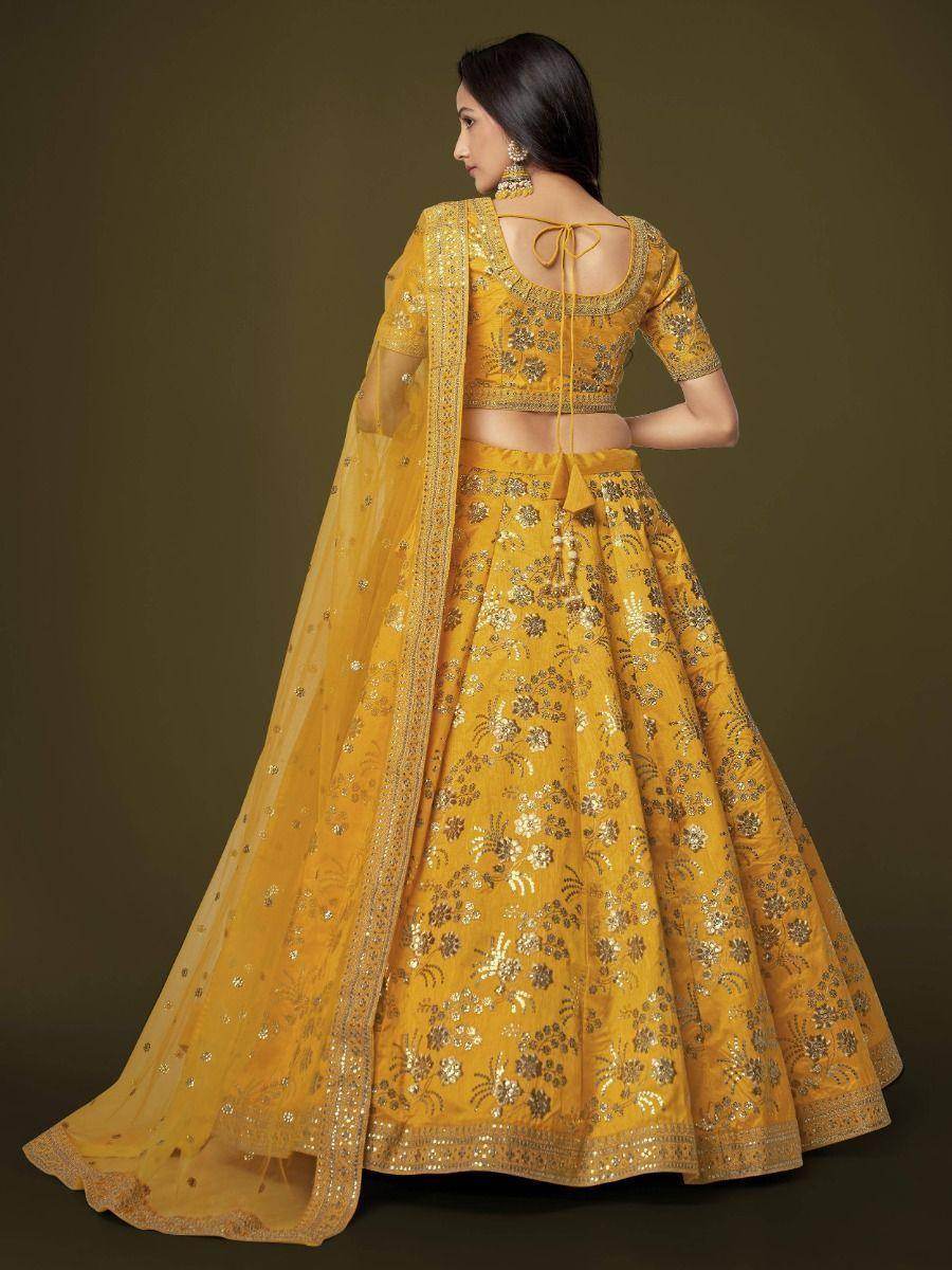 Attractive Yellow Sequins Slub Silk Wedding Wear Lehenga Choli - Zeel Clothing
