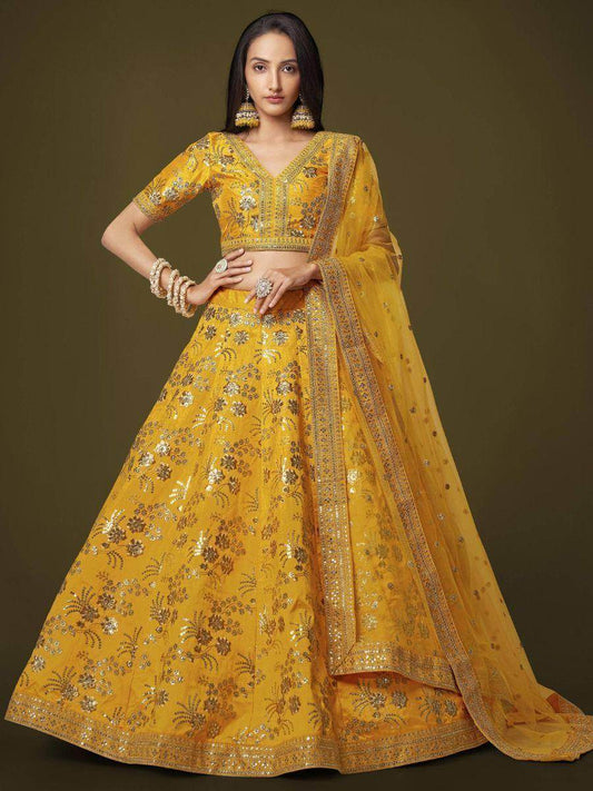 Attractive Yellow Sequins Slub Silk Wedding Wear Lehenga Choli - Zeel Clothing