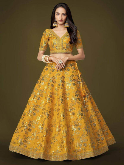 Attractive Yellow Sequins Slub Silk Wedding Wear Lehenga Choli - Zeel Clothing