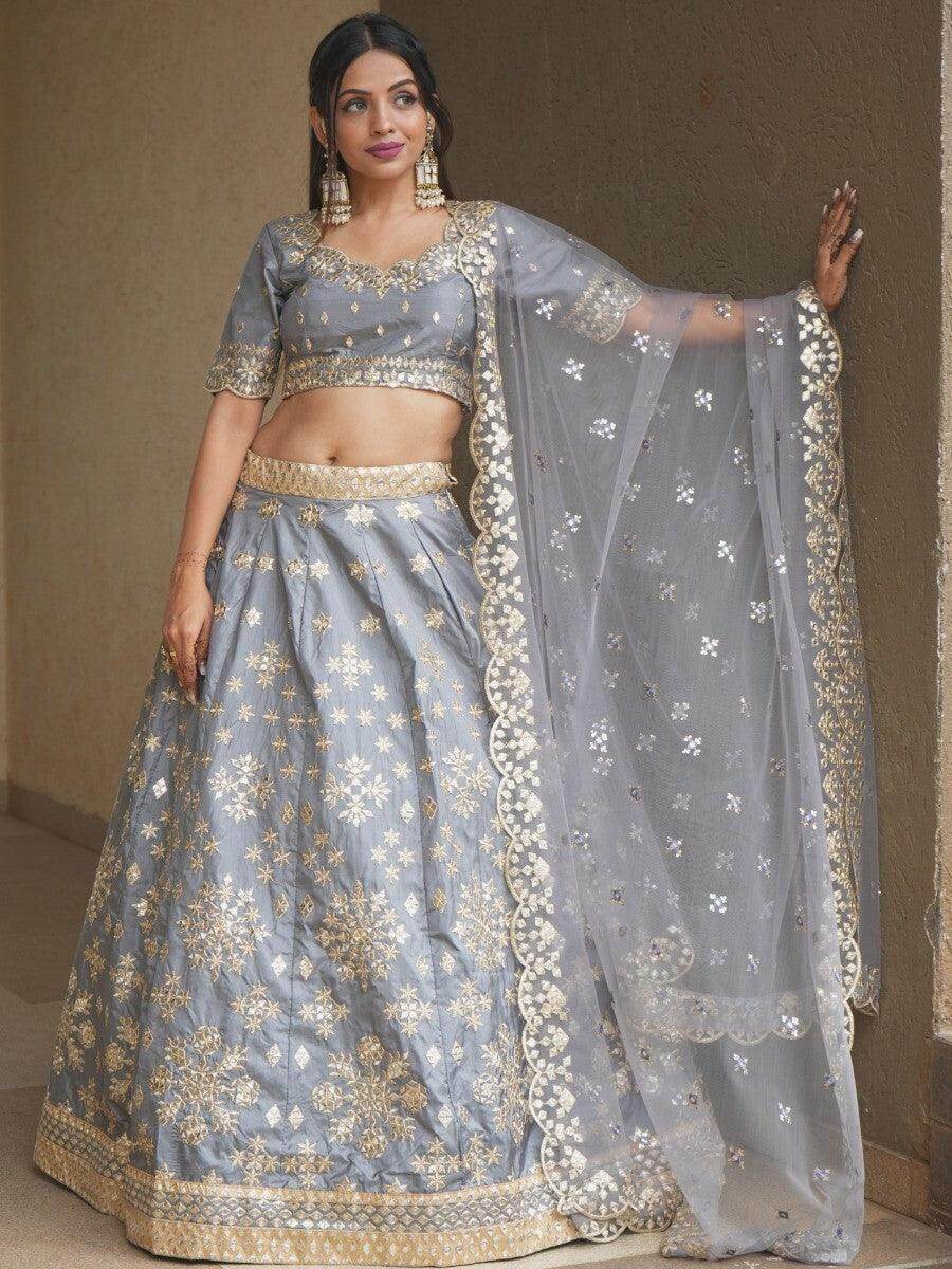Awesome Grey Paper Mirror Work Silk Designer Lehenga Choli With Dupatta - Zeel Clothing