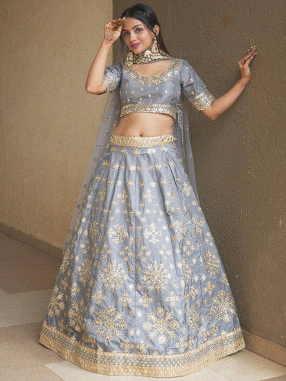 Awesome Grey Paper Mirror Work Silk Designer Lehenga Choli With Dupatta - Zeel Clothing