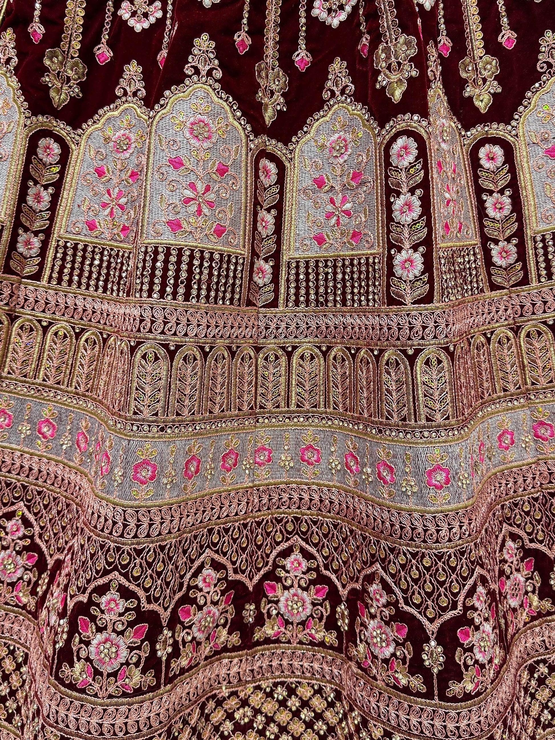 Awesome Maroon Embroidered Velvet Bridal Lehenga Choli With Dupatta - Zeel Clothing