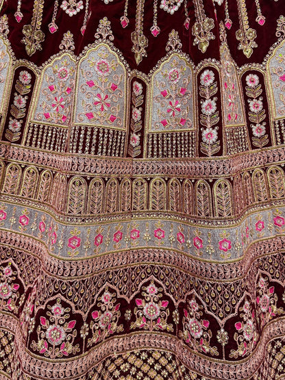 Awesome Maroon Embroidered Velvet Bridal Lehenga Choli With Dupatta - Zeel Clothing