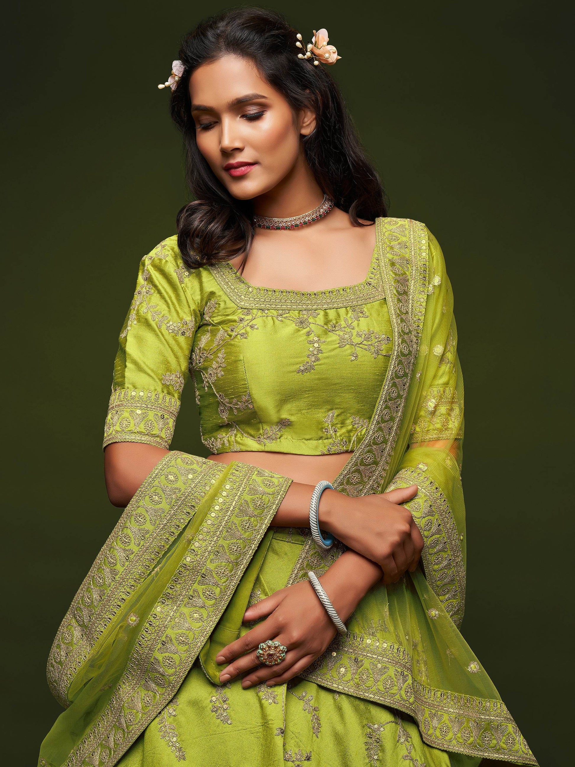 Awesome Neon Green Thread Embroidery Art Silk Wedding Lehenga Choli - Zeel Clothing