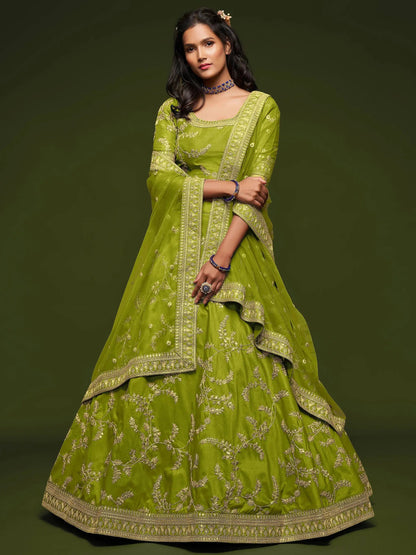 Awesome Neon Green Thread Embroidery Art Silk Wedding Lehenga Choli - Zeel Clothing
