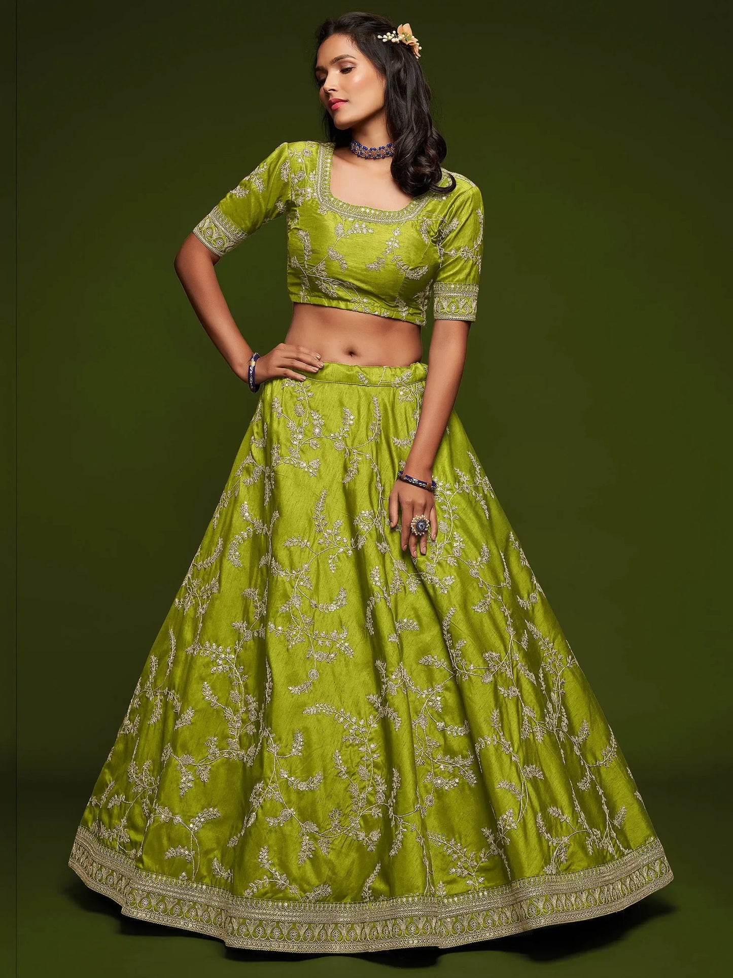 Awesome Neon Green Thread Embroidery Art Silk Wedding Lehenga Choli - Zeel Clothing