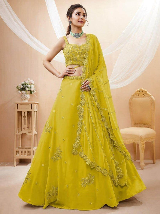 Awesome Neon Yellow Embroidered Engagement Wear Lehenga Choli - Zeel Clothing