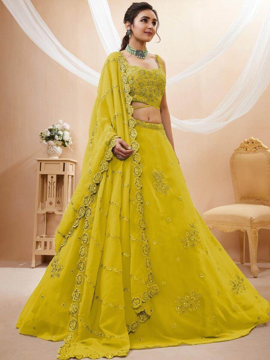 Awesome Neon Yellow Embroidered Engagement Wear Lehenga Choli - Zeel Clothing