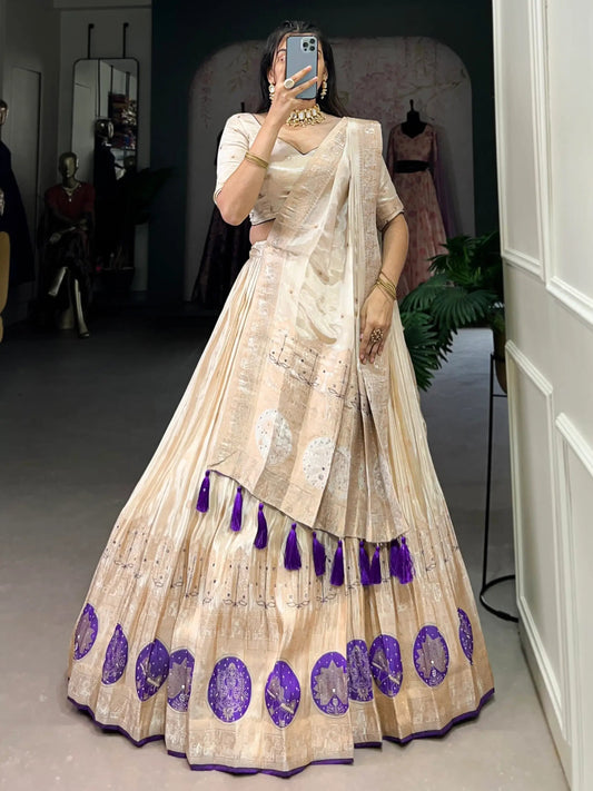 Awesome Off-White Mirror Work Silk Traditional Lehenga Choli With Dupatta - Zeel Clothing