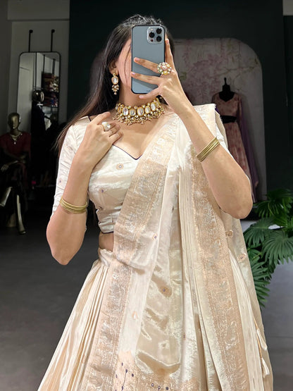 Awesome Off-White Mirror Work Silk Traditional Lehenga Choli With Dupatta - Zeel Clothing