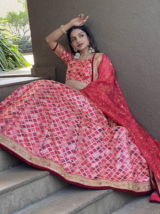 Awesome Pink Sequins Art Silk Bridesmaid Lehenga Choli With Dupatta - Zeel Clothing