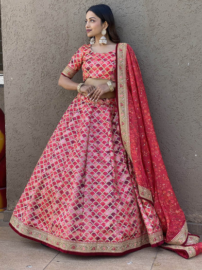 Awesome Pink Sequins Art Silk Bridesmaid Lehenga Choli With Dupatta - Zeel Clothing