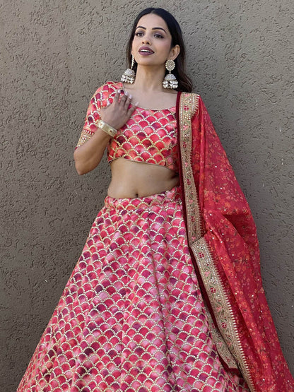 Awesome Pink Sequins Art Silk Bridesmaid Lehenga Choli With Dupatta - Zeel Clothing