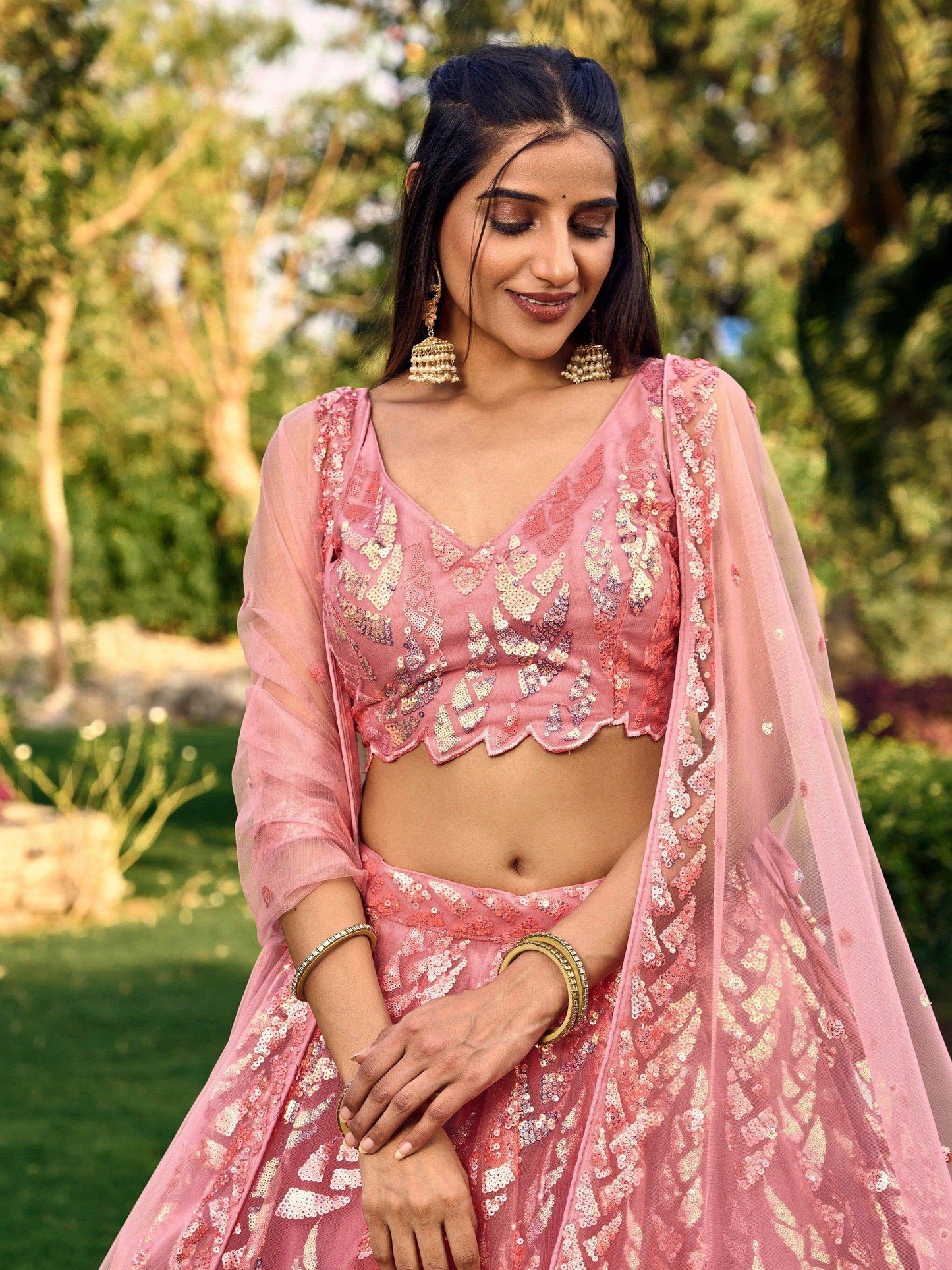 Awesome Pink Sequins Net Bridesmaid Lehenga Choli With Dupatta - Zeel Clothing