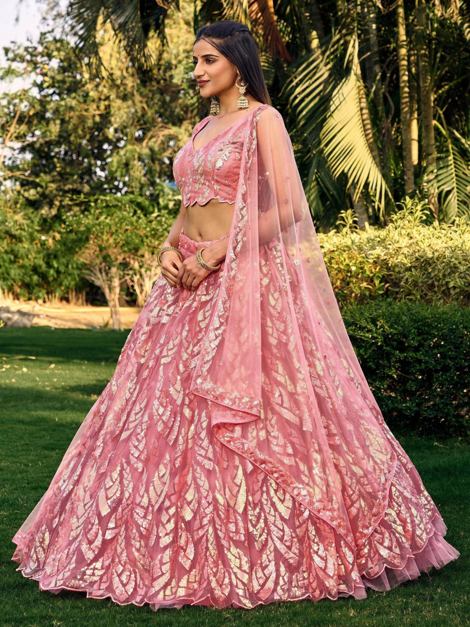 Awesome Pink Sequins Net Bridesmaid Lehenga Choli With Dupatta - Zeel Clothing