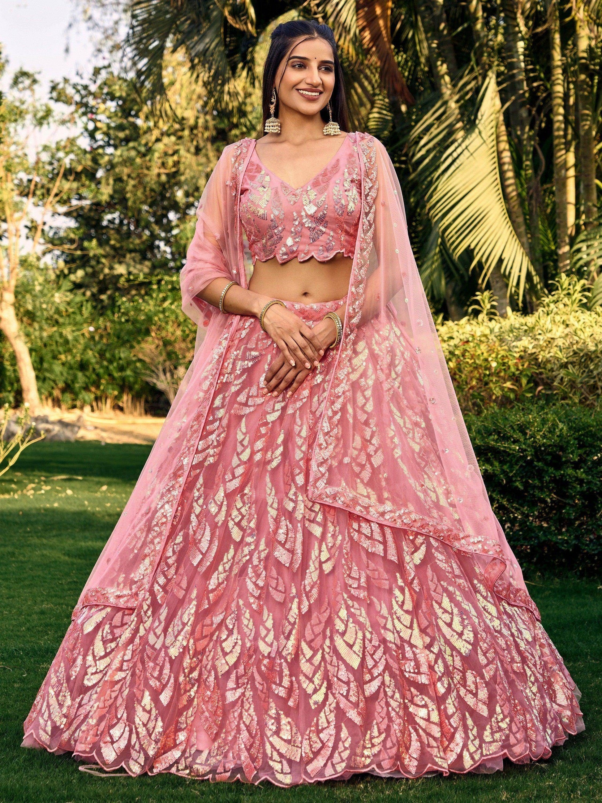 Awesome Pink Sequins Net Bridesmaid Lehenga Choli With Dupatta - Zeel Clothing
