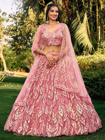 Awesome Pink Sequins Net Bridesmaid Lehenga Choli With Dupatta - Zeel Clothing