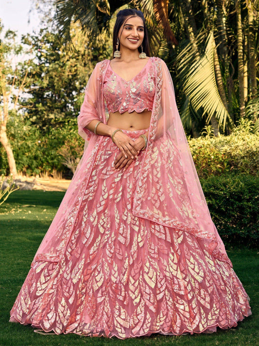 Awesome Pink Sequins Net Bridesmaid Lehenga Choli With Dupatta - Zeel Clothing