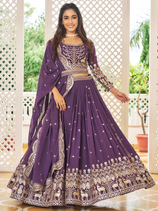 Awesome Purple Sequins Work Georgette Bridesmaid Lehenga Choli With Dupatta - Zeel Clothing