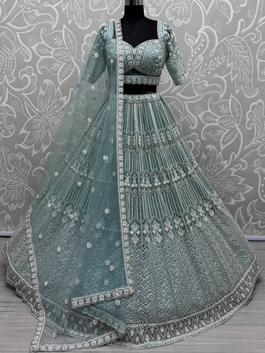 Awesome Sky Blue Hand Work Net Bridesmaid Lehenga Choli - Zeel Clothing