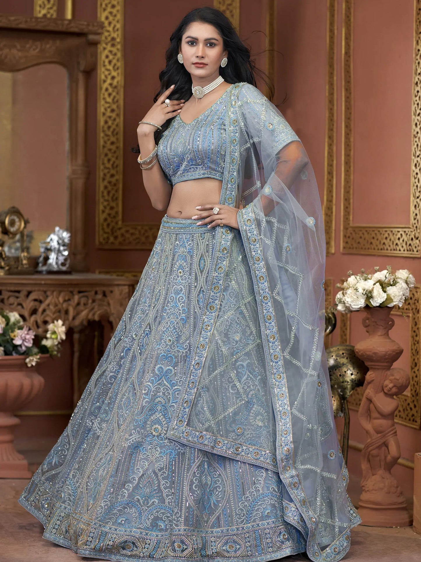 Awesome Sky-Blue Jarkan Work Net Engagement Wear Lehenga Choli - Zeel Clothing