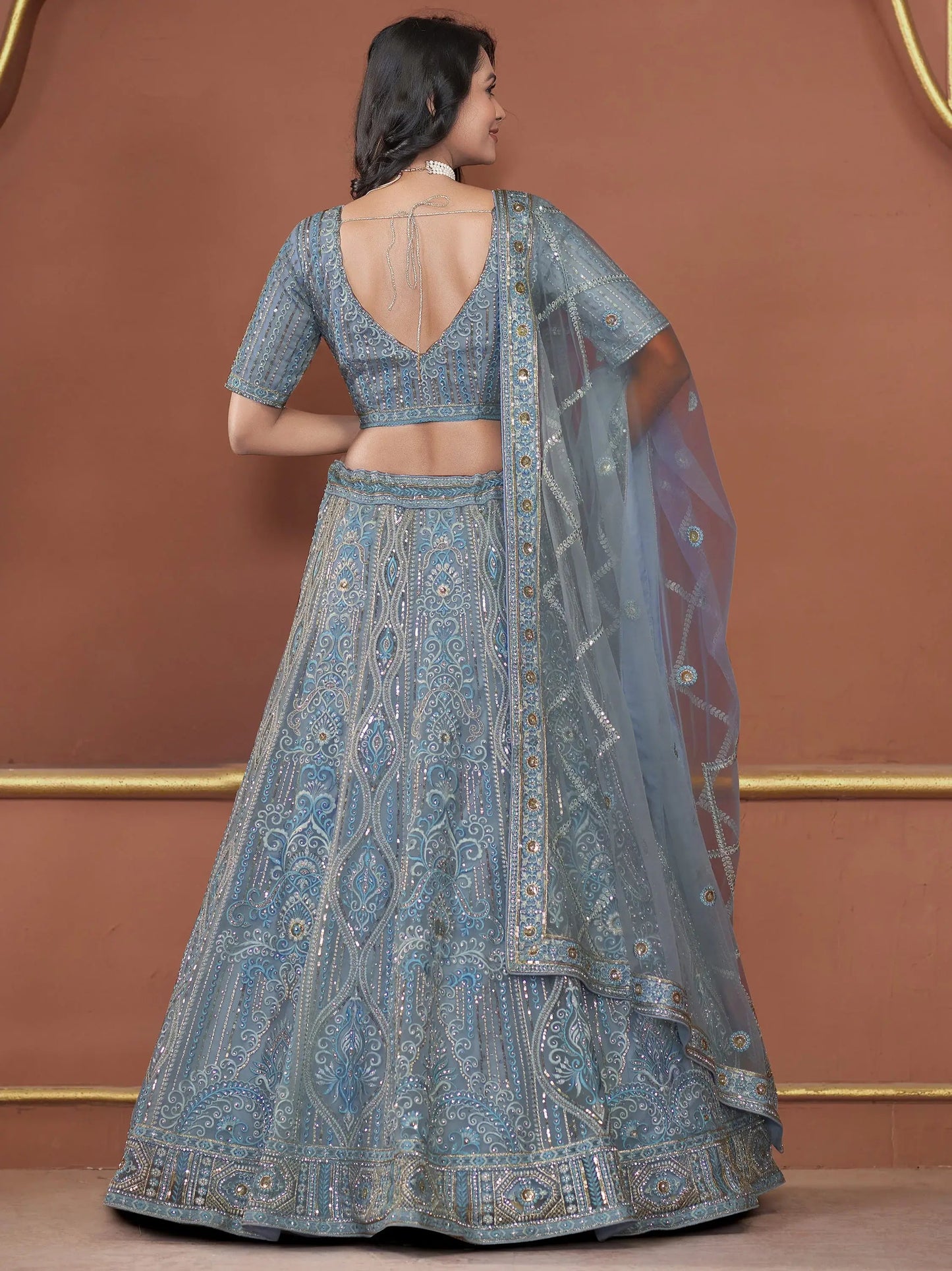 Awesome Sky-Blue Jarkan Work Net Engagement Wear Lehenga Choli - Zeel Clothing