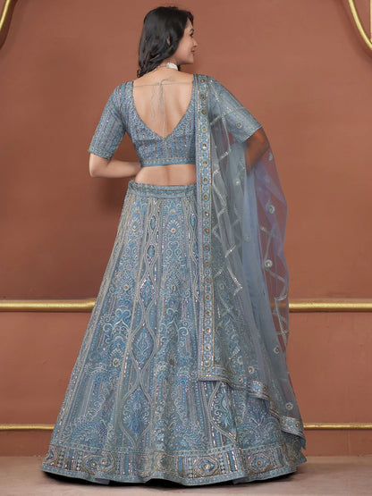 Awesome Sky-Blue Jarkan Work Net Engagement Wear Lehenga Choli - Zeel Clothing