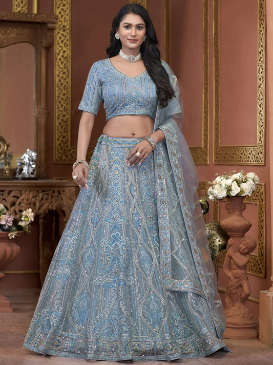 Awesome Sky-Blue Jarkan Work Net Engagement Wear Lehenga Choli - Zeel Clothing