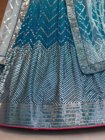 Awesome Teal Blue Sequins Chinon Sangeet Wear Lehenga Choli With Dupatta - Zeel Clothing