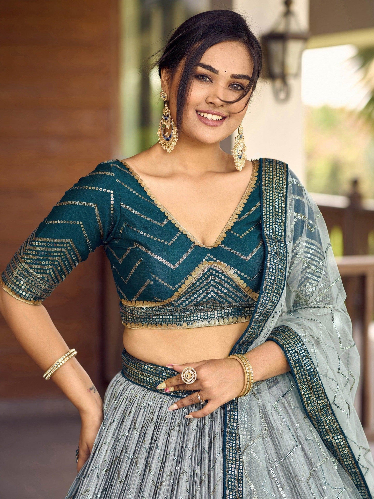 Awesome Teal Blue Sequins Chinon Sangeet Wear Lehenga Choli With Dupatta - Zeel Clothing