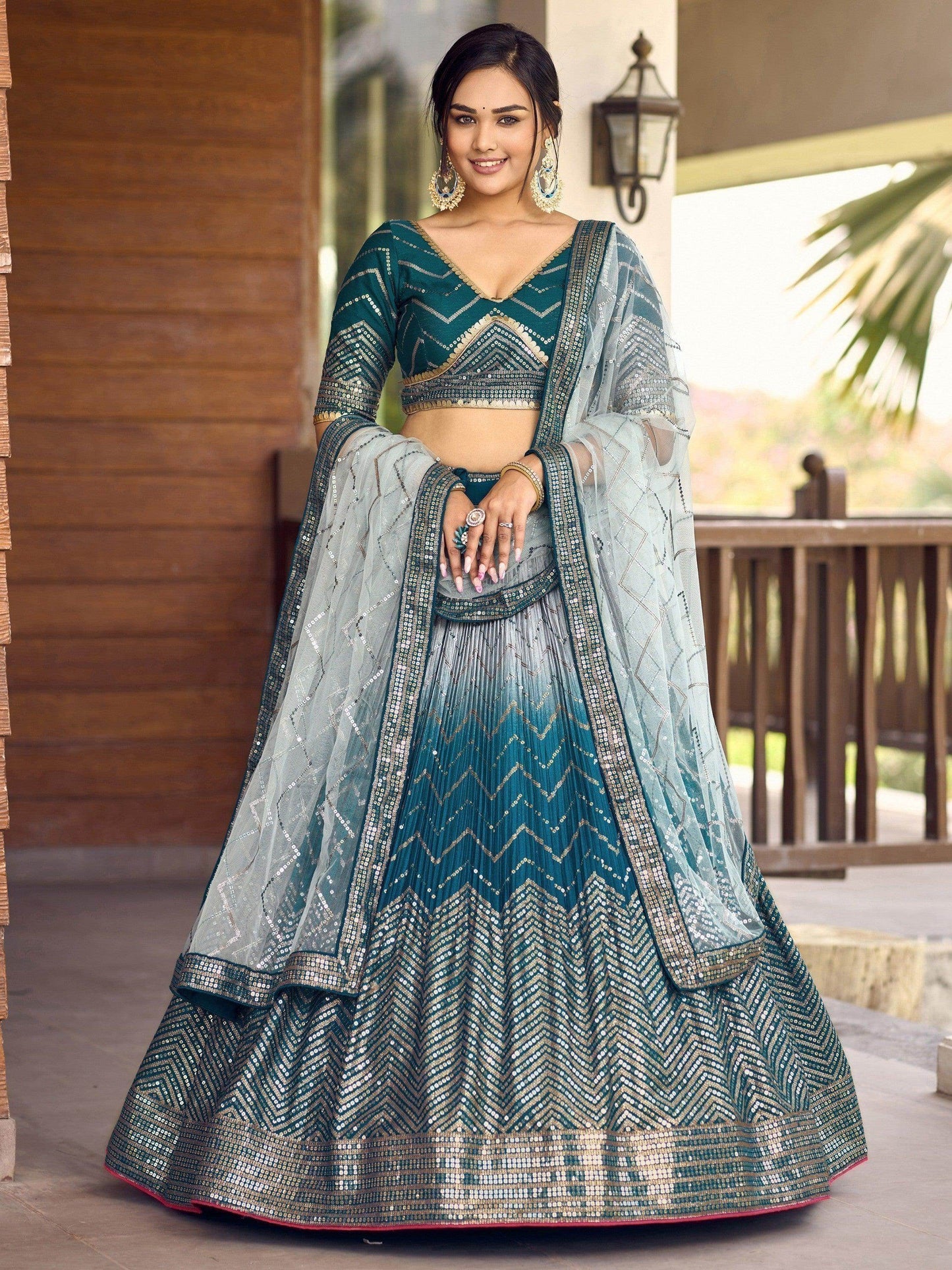 Awesome Teal Blue Sequins Chinon Sangeet Wear Lehenga Choli With Dupatta - Zeel Clothing