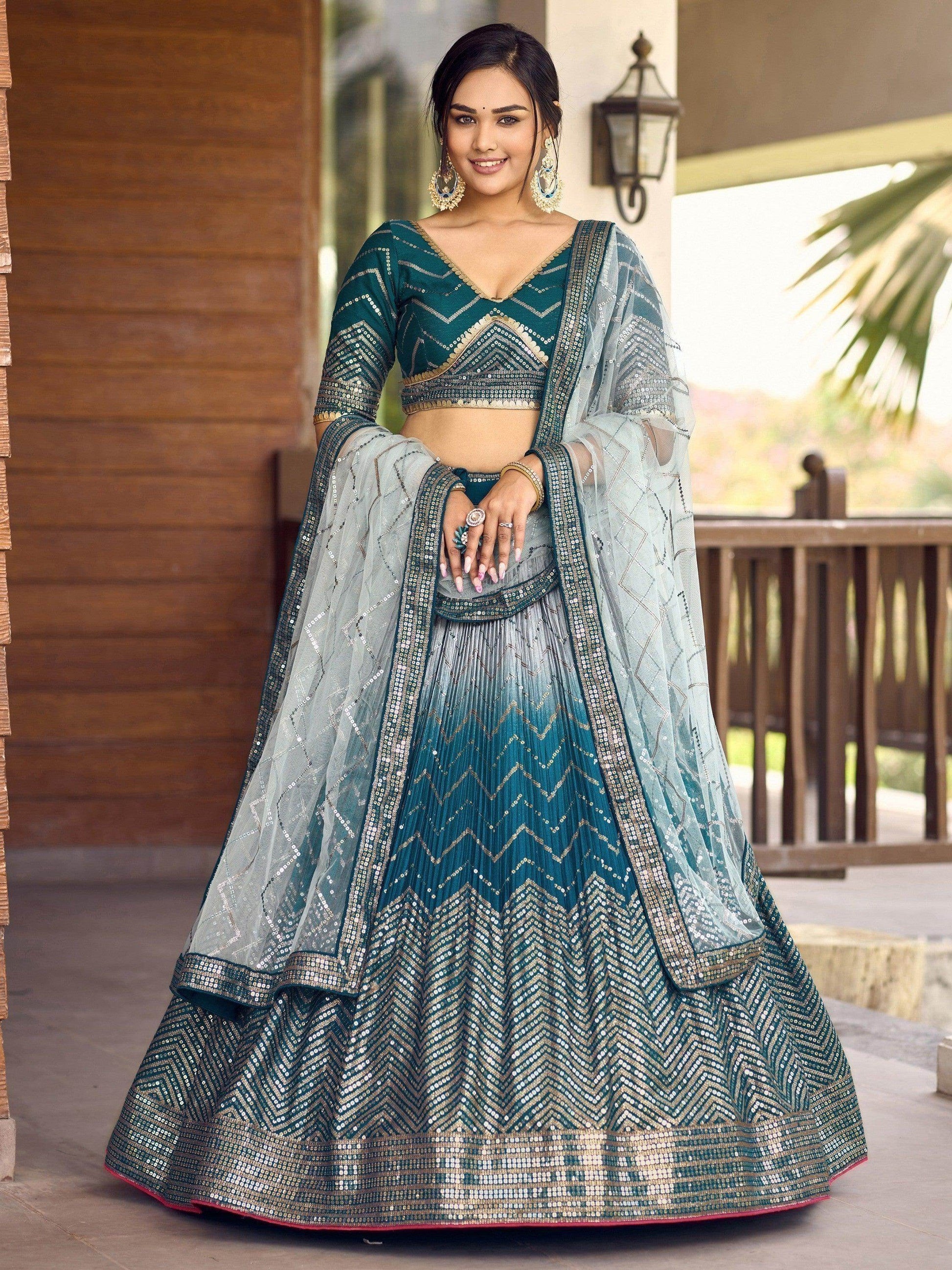 Awesome Teal Blue Sequins Chinon Sangeet Wear Lehenga Choli With Dupatta - Zeel Clothing
