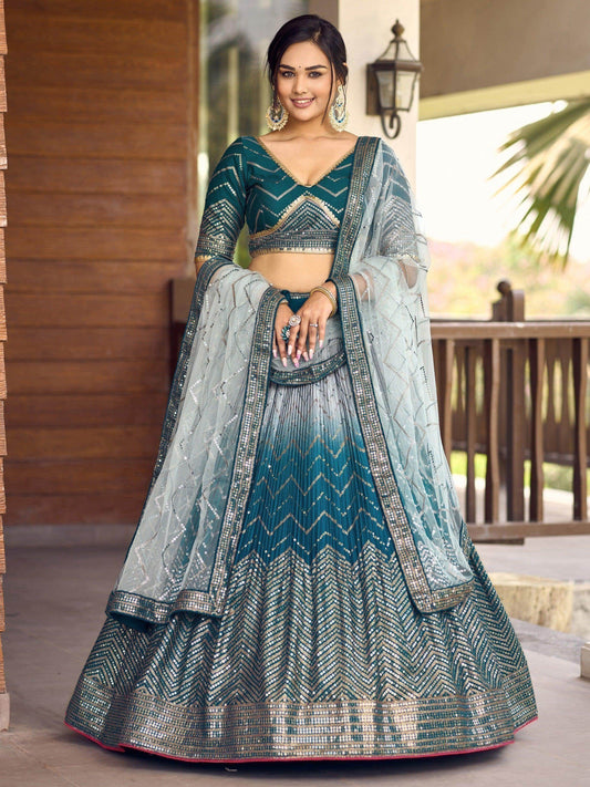 Awesome Teal Blue Sequins Chinon Sangeet Wear Lehenga Choli With Dupatta - Zeel Clothing