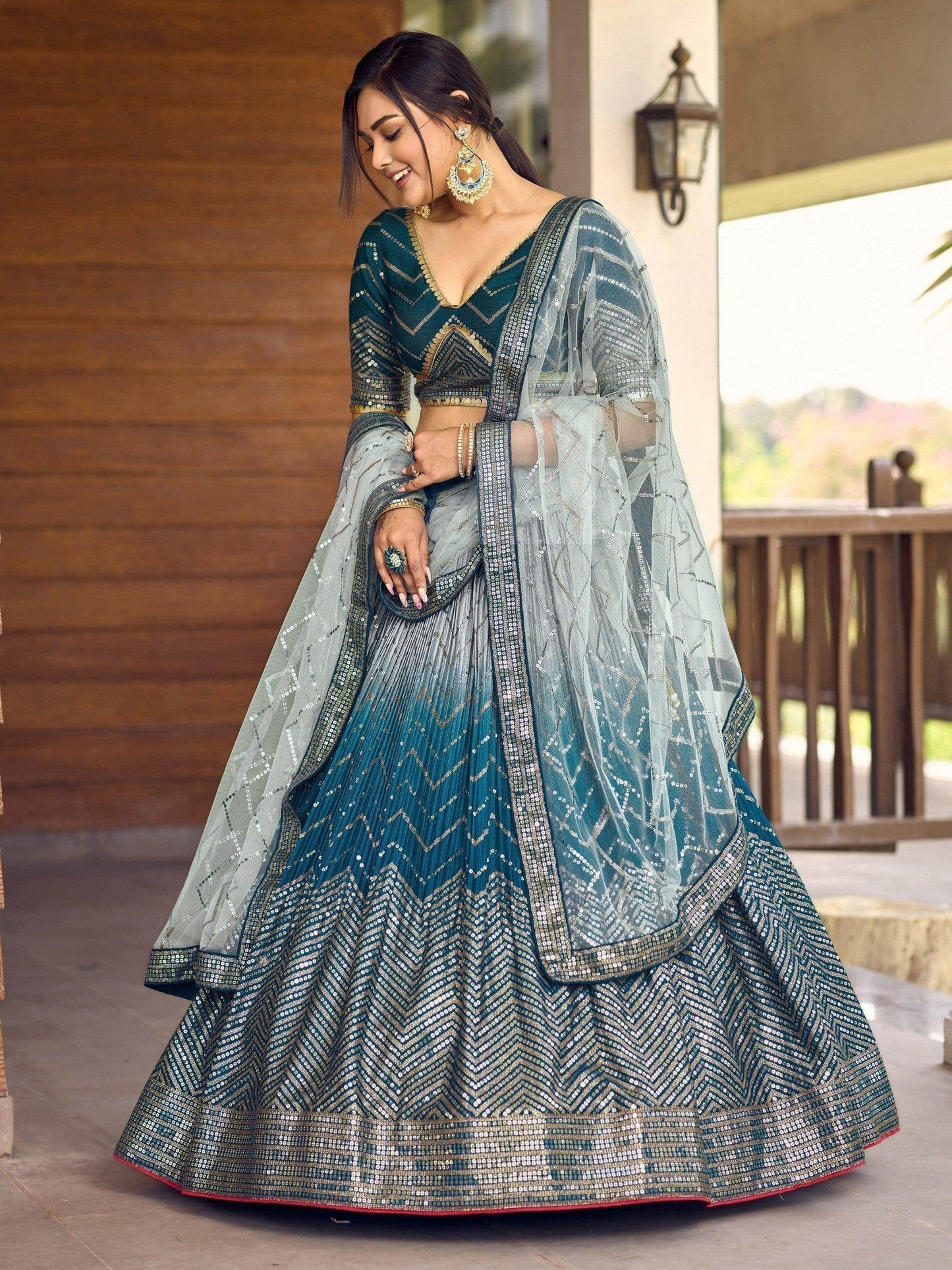 Awesome Teal Blue Sequins Chinon Sangeet Wear Lehenga Choli With Dupatta - Zeel Clothing